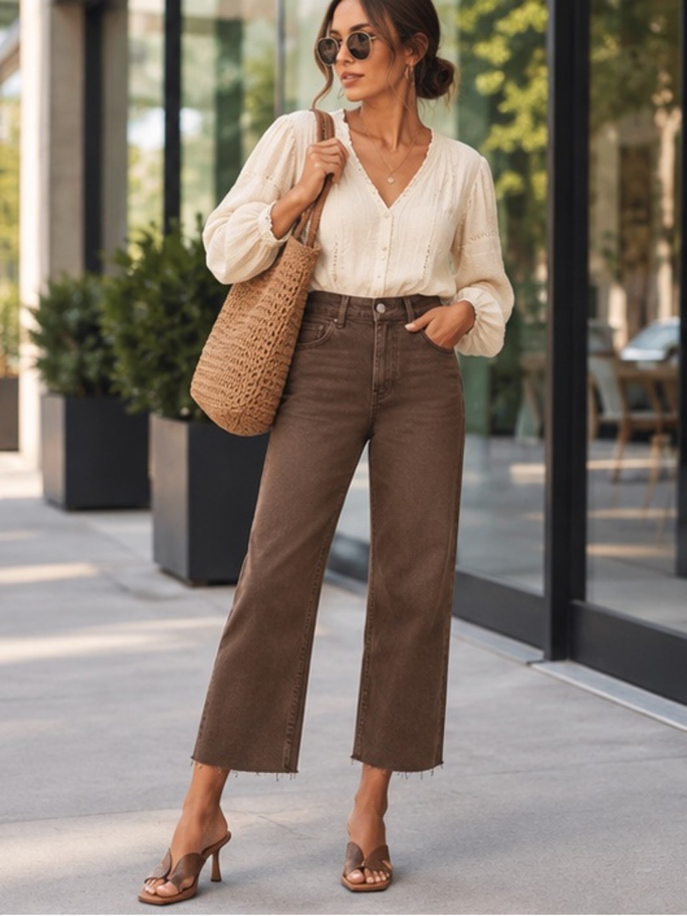 High-Rise Straight Crop Jeans in Chocolate Brown
